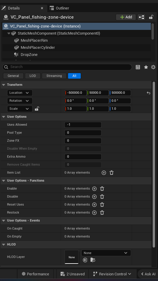 Fishing Zone Device settings and options panel in the UEFN editor — Uses Allowed, Pool Type, Zone FX, Disable When Empty, Extra Ammo, Remove Caught Items, Item List