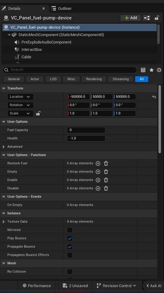Fuel Pump Device settings and options panel in the UEFN editor — Fuel Capacity, Health