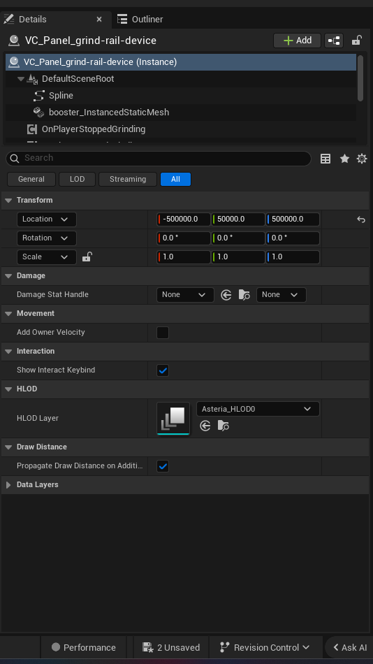 Grind Rail Device settings and options panel in the UEFN editor — Visual Style, Rail Color, Allow Sprinting, Speed Preset, Shooting Speed Multiplier