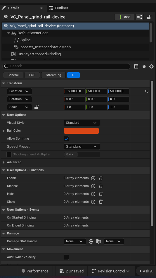 Grind Rail Device settings and options panel in the UEFN editor — Visual Style, Rail Color, Allow Sprinting, Speed Preset, Shooting Speed Multiplier