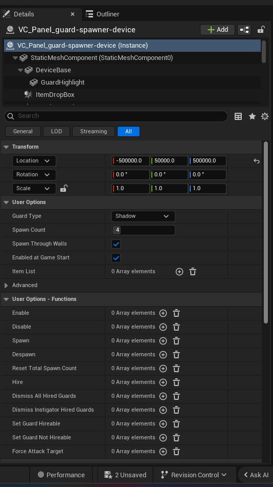 Guard Spawner Device settings and options panel in the UEFN editor — Guard Type, Spawn Count, Spawn Through Walls, Enabled at Game Start, Item List