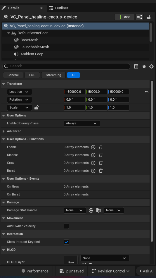 Healing Cactus Device settings and options panel in the UEFN editor — Enabled During Phase
