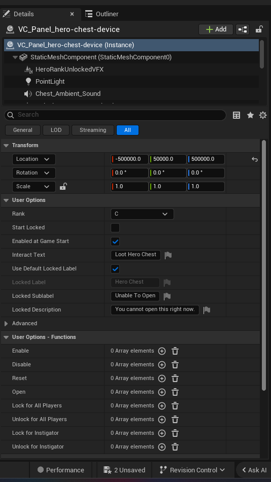 Hero Chest Device settings and options panel in the UEFN editor — Rank, Start Locked, Enabled at Game Start, Interact Text, Use Default Locked Label, Locked Label, Locked Sublabel, Locked Description