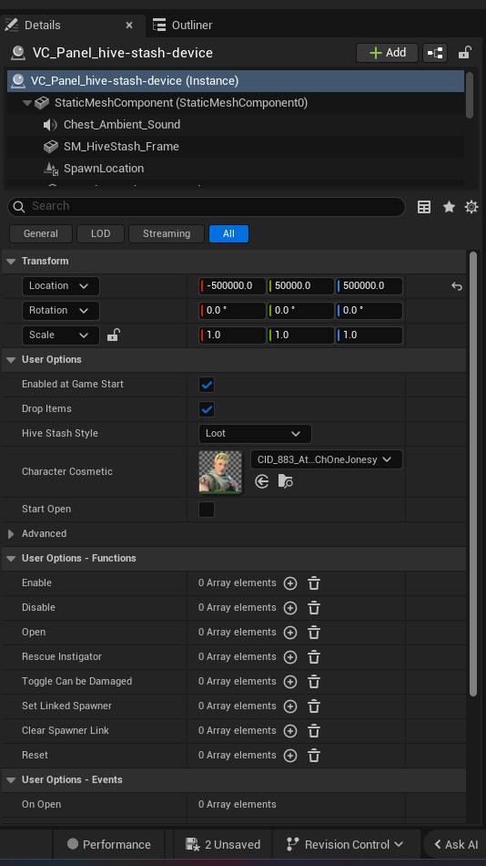 Hive Stash Device settings and options panel in the UEFN editor — Enabled at Game Start, Drop Items, Hive Stash Style, Character Cosmetic, Start Open
