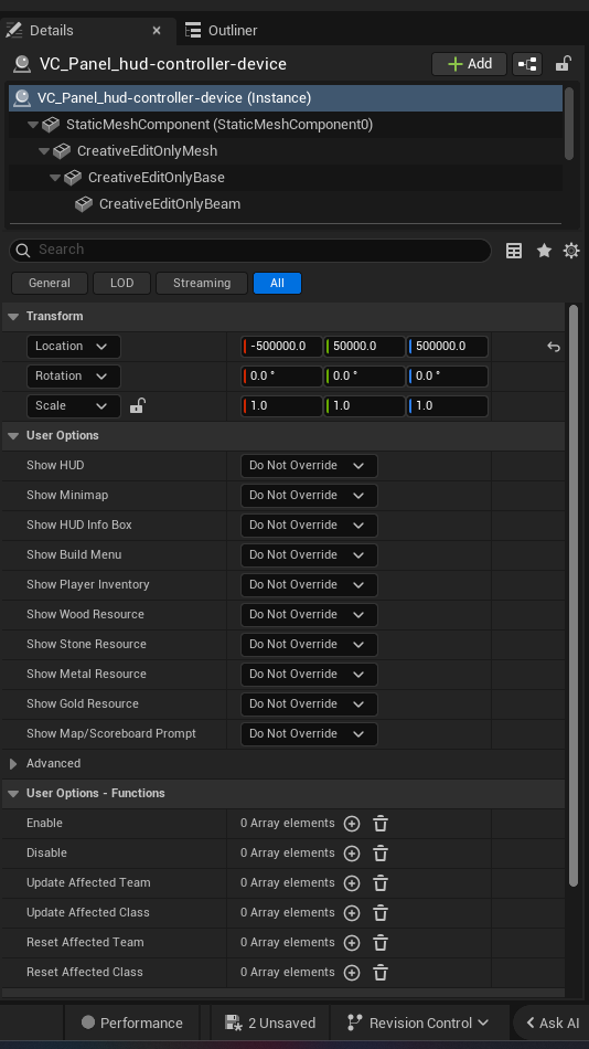 Hud Controller Device settings and options panel in the UEFN editor — Show HUD, Show Minimap, Show HUD Info Box, Show Build Menu, Show Player Inventory, Show Wood Resource, Show Stone Resource, Show Metal Resource, Show Gold Resource, Show Map/ScoreboardPrompt