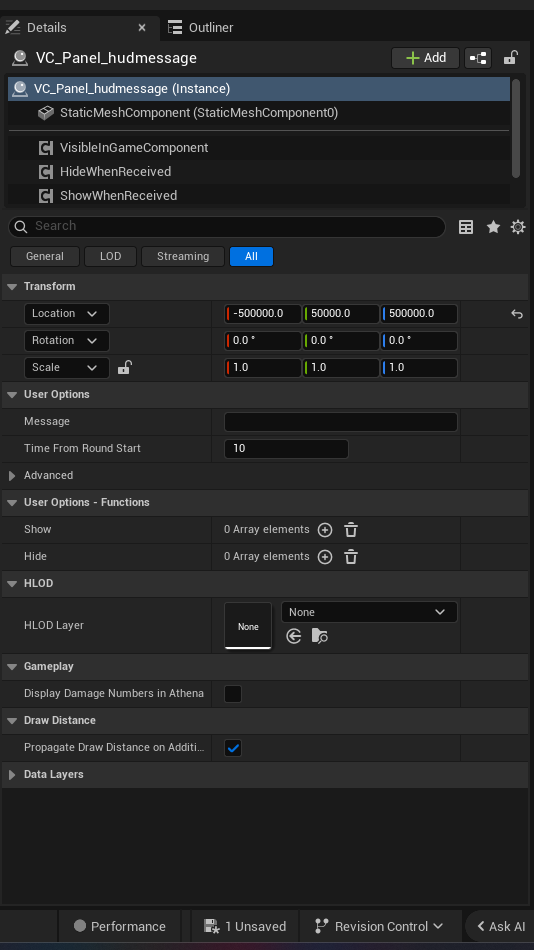 Hud Message Device settings and options panel in the UEFN editor — Message, Time From Round Start