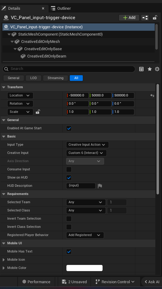 Input Trigger Device settings and options panel in the UEFN editor