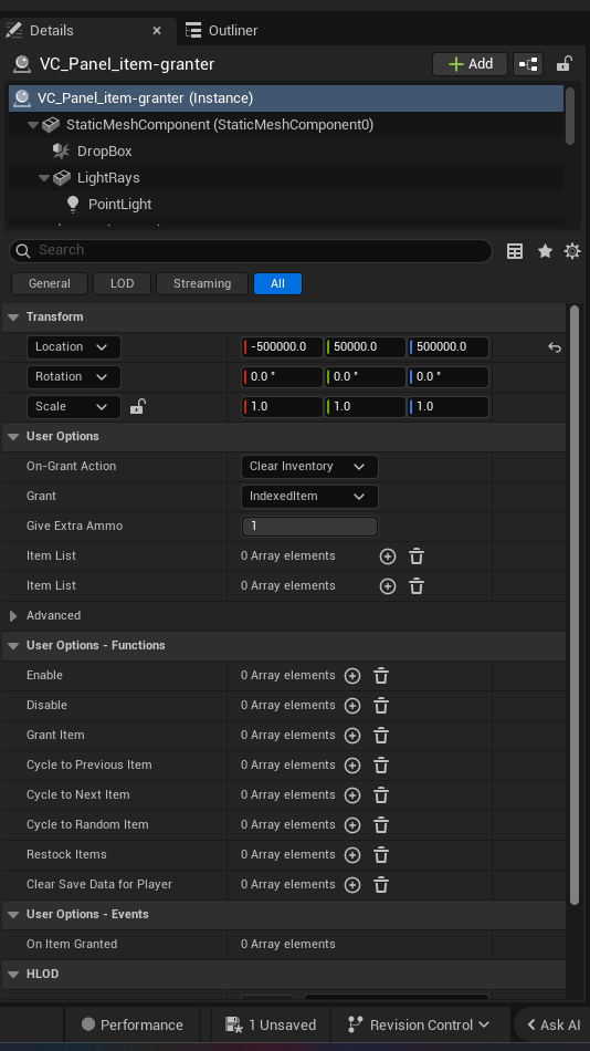 Item Granter Device settings and options panel in the UEFN editor — On-Grant Action, Grant, Give Extra Ammo, Item List