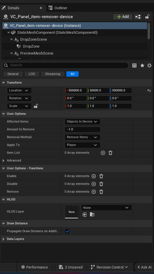 Item Remover Device settings and options panel in the UEFN editor — Affected Items, Amount to Remove, Removal Method, Apply To, Item List