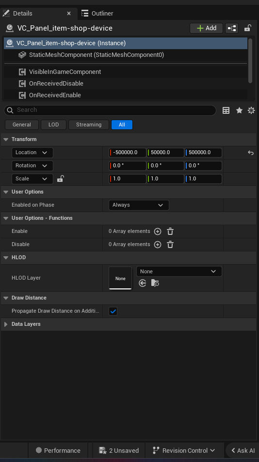 Item Shop Device settings and options panel in the UEFN editor — Enabled on Phase