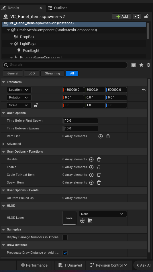 Item Spawner Device settings and options panel in the UEFN editor — Time Before First Spawn, Time Between Spawns, Item List