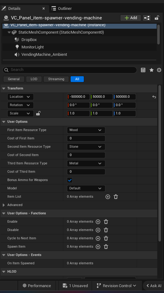 Vending Machine Device settings and options panel in the UEFN editor — First Item Resource Type, Cost of First Item, Second Item Resource Type, Cost of Second Item, Third Item Resource Type, Cost of Third Item, Bonus Ammo for Weapons, Model, Item List, Operat Summ, Fab
