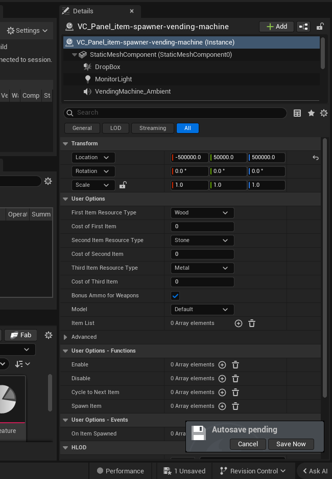 Vending Machine Device settings and options panel in the UEFN editor — First Item Resource Type, Cost of First Item, Second Item Resource Type, Cost of Second Item, Third Item Resource Type, Cost of Third Item, Bonus Ammo for Weapons, Model, Item List, Operat Summ, Fab