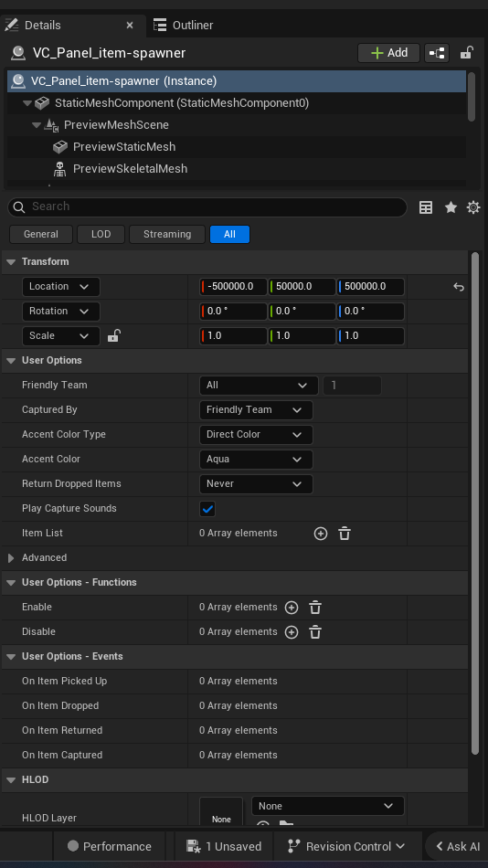 Item Spawner Device settings and options panel in the UEFN editor — Friendly Team, Captured By, Accent Color Type, Accent Color, Return Dropped Items, Play Capture Sounds, Item List