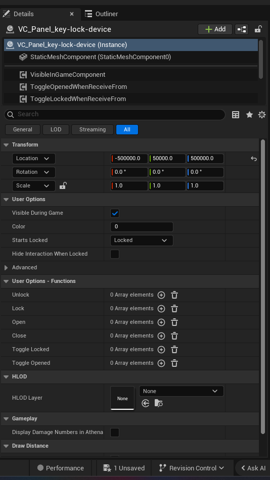Lock Device settings and options panel in the UEFN editor — Visible During Game, Color, Starts Locked, Hide Interaction When Locked