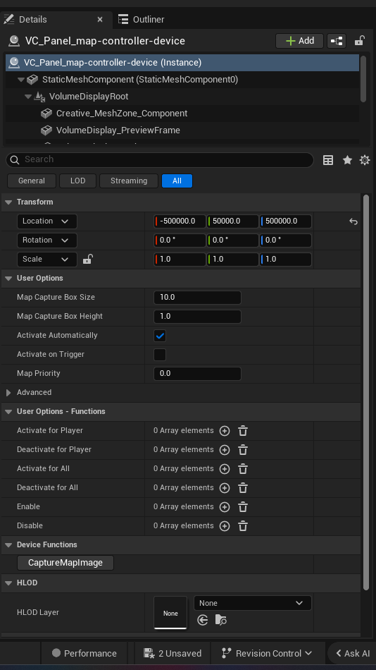 Map Controller Device settings and options panel in the UEFN editor — Map Capture Box Size, Map Capture Box Height, Activate Automatically, Activate on Trigger, Map Priority