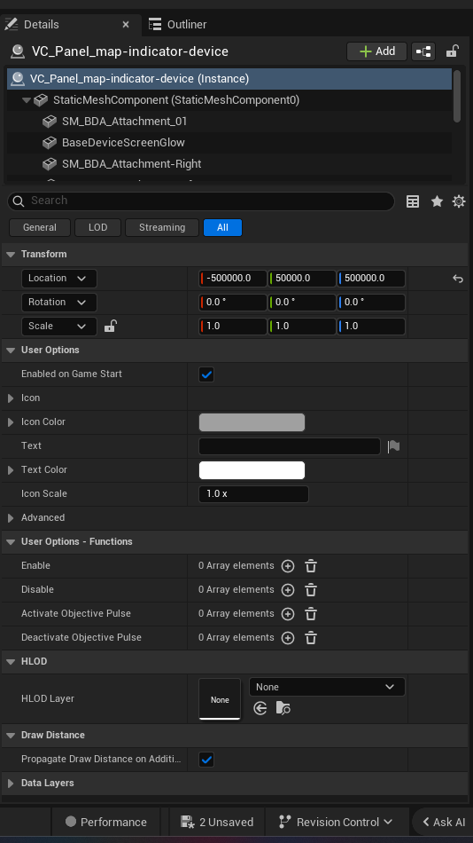 Map Indicator Device settings and options panel in the UEFN editor — Enabled on Game Start, lcon, Icon Color, Text, Text Color, Icon Scale