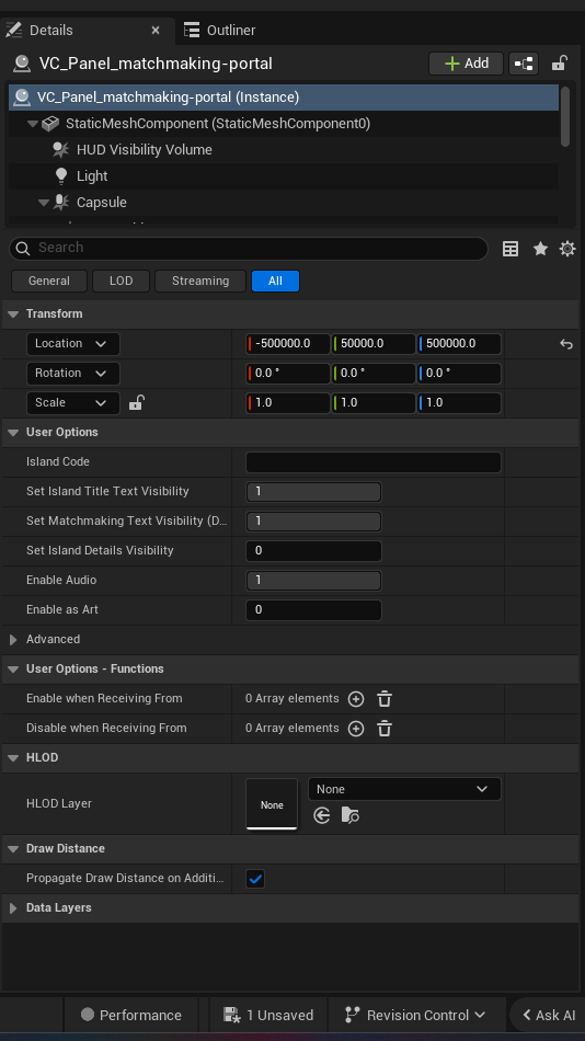 Matchmaking Portal Device settings and options panel in the UEFN editor — Island Code, Set Island Title Text Visibility, Set Matchmaking Text Visibility D.., Set Island Details Visibility, Enable Audio, Enable as Art, Operat Summ, Set Matchmaking Text Visibility D.