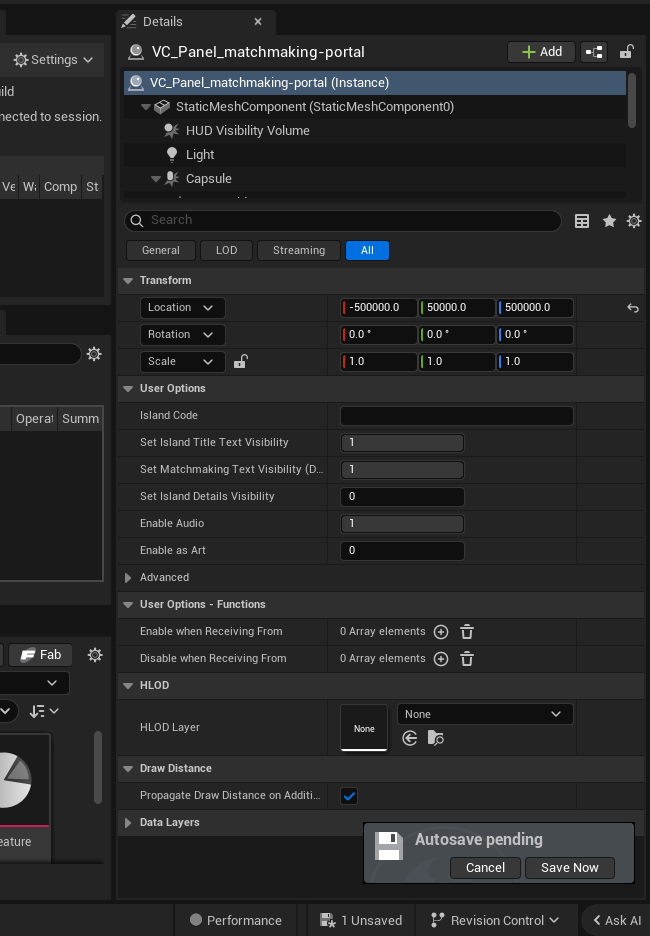 Matchmaking Portal Device settings and options panel in the UEFN editor — Island Code, Set Island Title Text Visibility, Set Matchmaking Text Visibility D.., Set Island Details Visibility, Enable Audio, Enable as Art, Operat Summ, Set Matchmaking Text Visibility D.