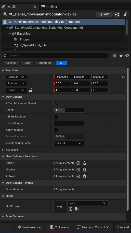 Movement Modulator Device settings and options panel in the UEFN editor — Affect Movement Speed, Speed, Infinite Duration, Effect Duration, Apply lmpulse, Forward Impulse, Visible During Game