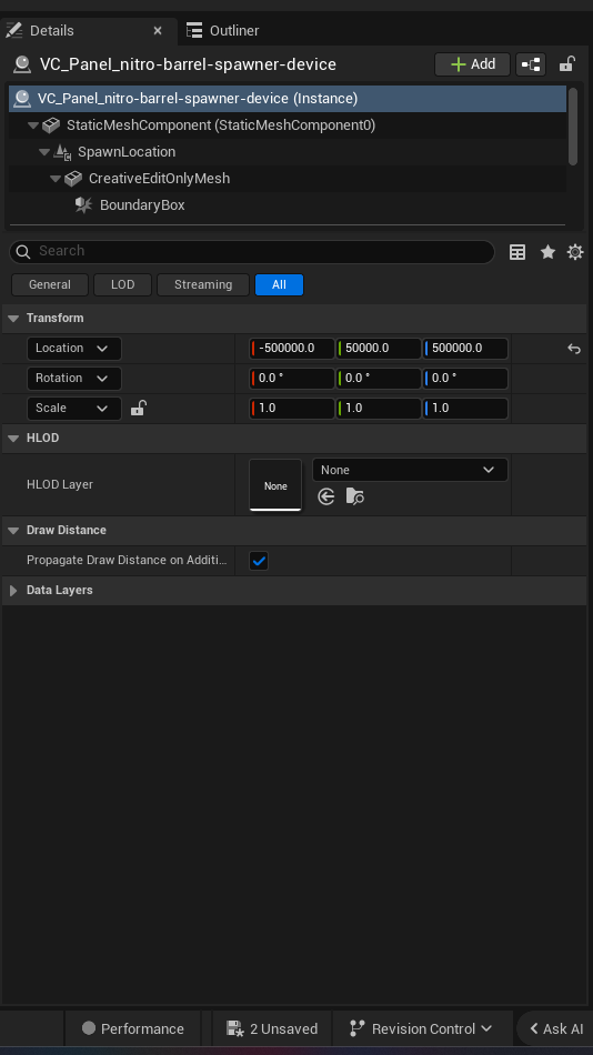 Nitro Barrel Spawner Device settings and options panel in the UEFN editor — Start Enabled, Should Respawn, Respawn Delay