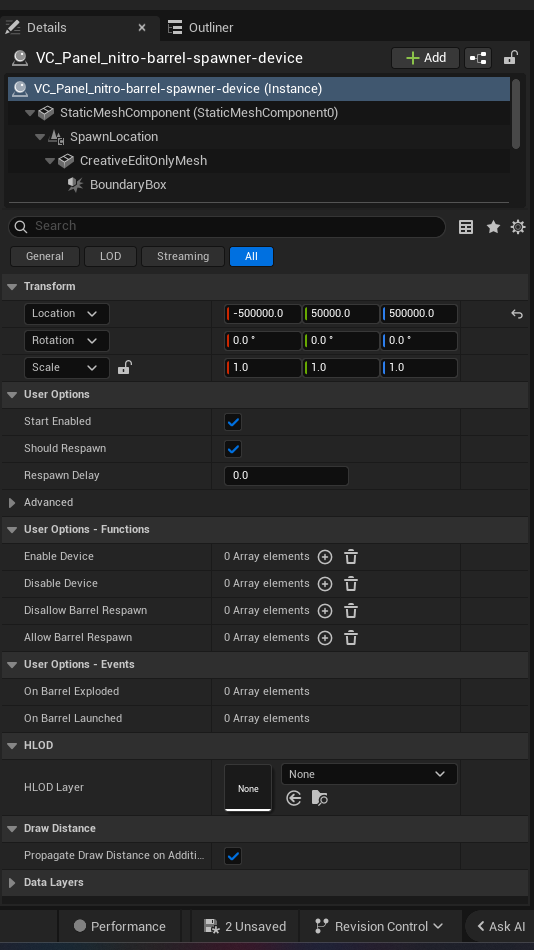 Nitro Barrel Spawner Device settings and options panel in the UEFN editor — Start Enabled, Should Respawn, Respawn Delay