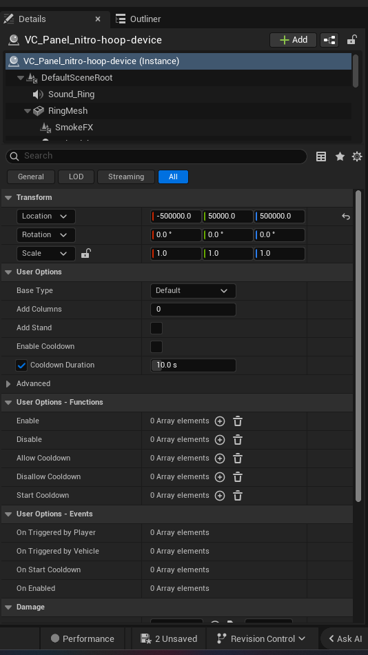 Nitro Hoop Device settings and options panel in the UEFN editor — Base Type, Add Columns, Add Stand, Enable Cooldown, Cooldown Duration