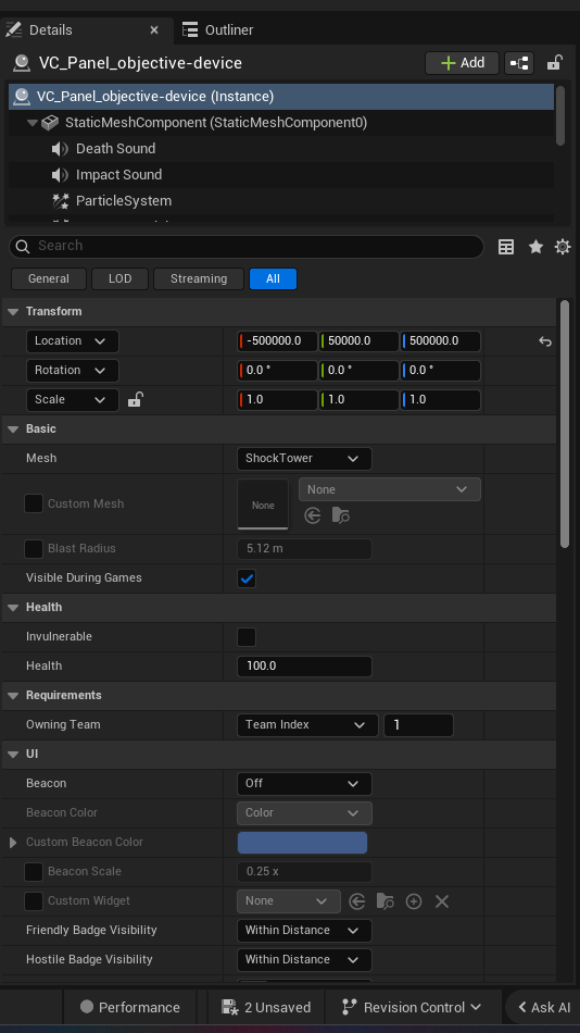 Objective Device settings and options panel in the UEFN editor