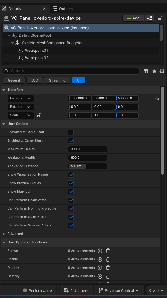 Overlord Spire Device settings and options panel in the UEFN editor — Spawned at Game Start, Enabled at Game Start, Maximum Health, Weakpoint Health, Activation Distance, Show Visualization Range, Show Preview Clouds, Show Map lcon, Can Perform Beam Attack, Can Perform Homing Projectile, Can Perform Slam Attack, Can Perform Scream Attack