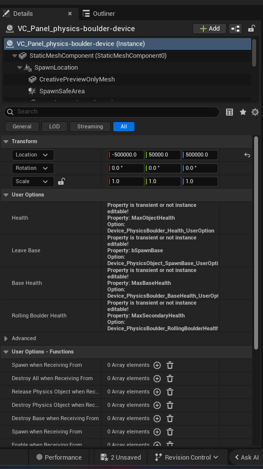Physics Boulder Device settings and options panel in the UEFN editor — Health, Leave Base, Base Health, Rolling Boulder Health