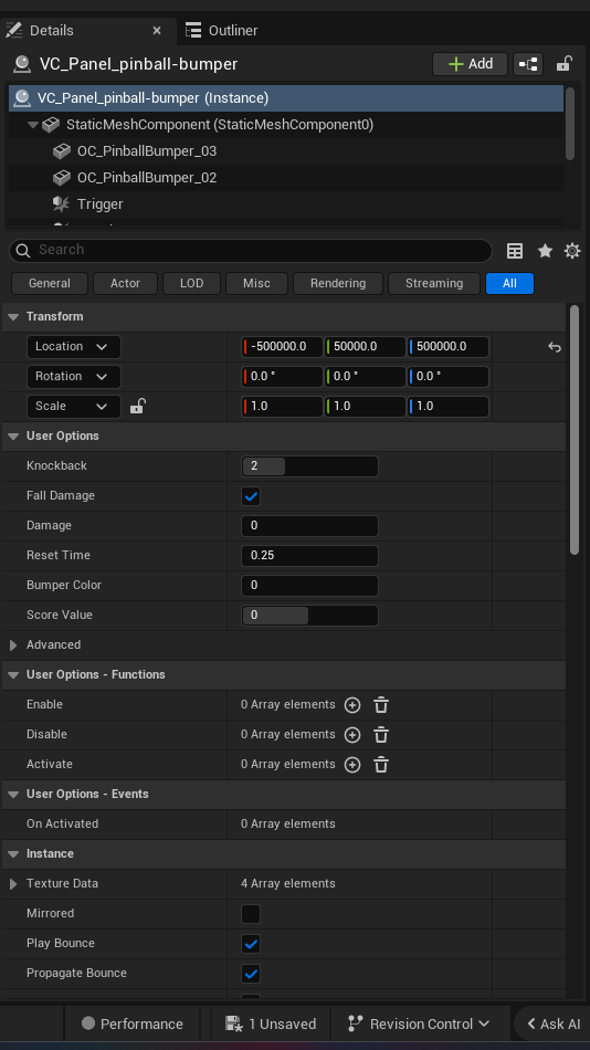 Pinball Bumper Device settings and options panel in the UEFN editor — Knockback, Fall Damage, Damage, Reset Time, Bumper Color, Score Value