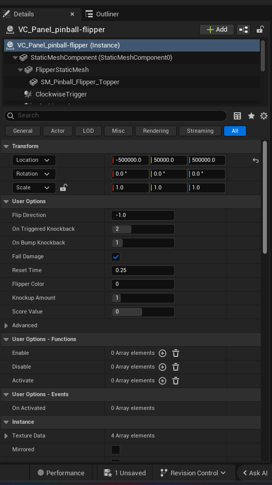 Pinball Flipper Device settings and options panel in the UEFN editor — Flip Direction, On Triggered Knockback, On Bump Knockback, Fall Damage, Reset Time, Flipper Color, Knockup Amount, Score Value