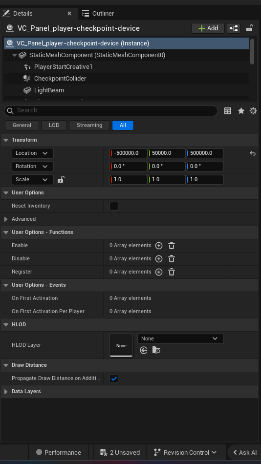 Player Checkpoint Device settings and options panel in the UEFN editor — Reset Inventory