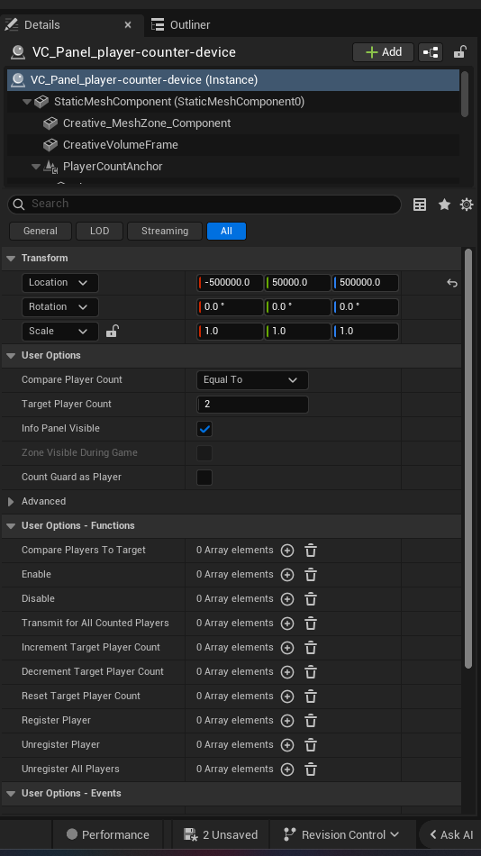Player Counter Device settings and options panel in the UEFN editor — Compare Player Count, Target Player Count, Info Panel Visible, Zone Visible During Game, Count Guard as Player