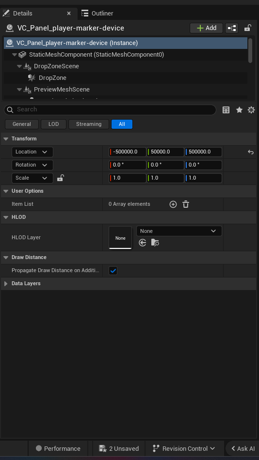 Player Marker Device settings and options panel in the UEFN editor — Item List, Show Marker, Show Marker Distance, Show on Map, Show Health Bar and Shield Bar, Marker Text, Position Update Frequency, Beacon Duration, Hide Nearby Marker, Hide Nearby Marker Distance, Hide Distant Marker, Hide Distant Marker Distance, Marker Line Of Sight, Marker Focus Angle