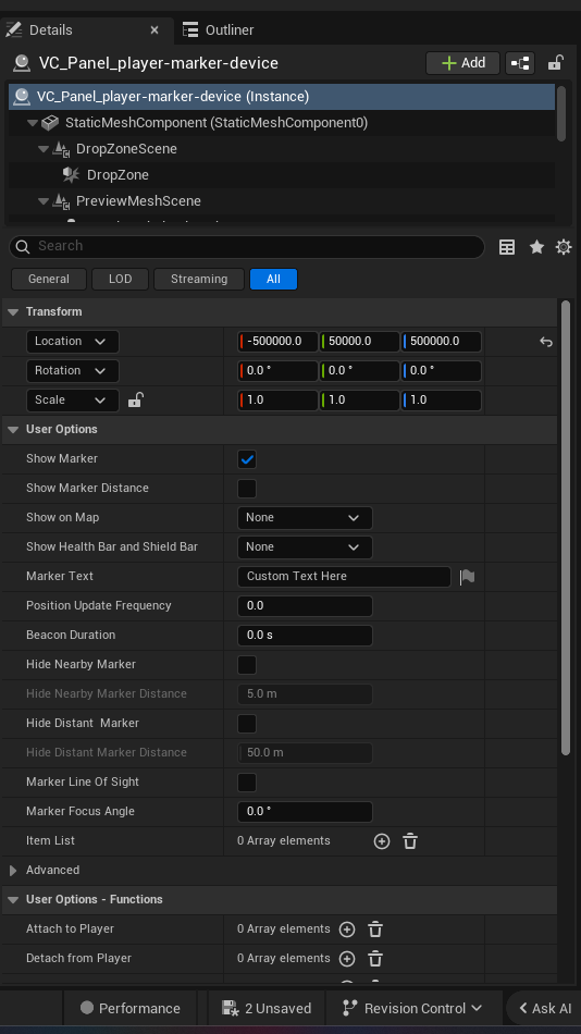 Player Marker Device settings and options panel in the UEFN editor — Item List, Show Marker, Show Marker Distance, Show on Map, Show Health Bar and Shield Bar, Marker Text, Position Update Frequency, Beacon Duration, Hide Nearby Marker, Hide Nearby Marker Distance, Hide Distant Marker, Hide Distant Marker Distance, Marker Line Of Sight, Marker Focus Angle