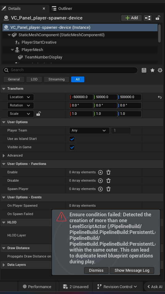 Player Spawner Device settings and options panel in the UEFN editor — Player Team, Use as Island Start, Visible in Game