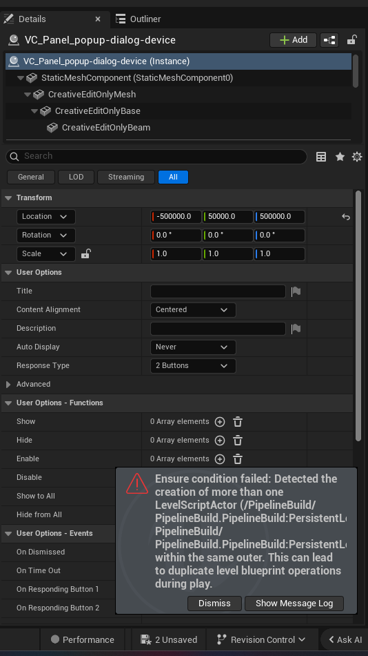 Popup Dialog Device settings and options panel in the UEFN editor — Title, Content Alignment, Description, Auto Display, Response Type