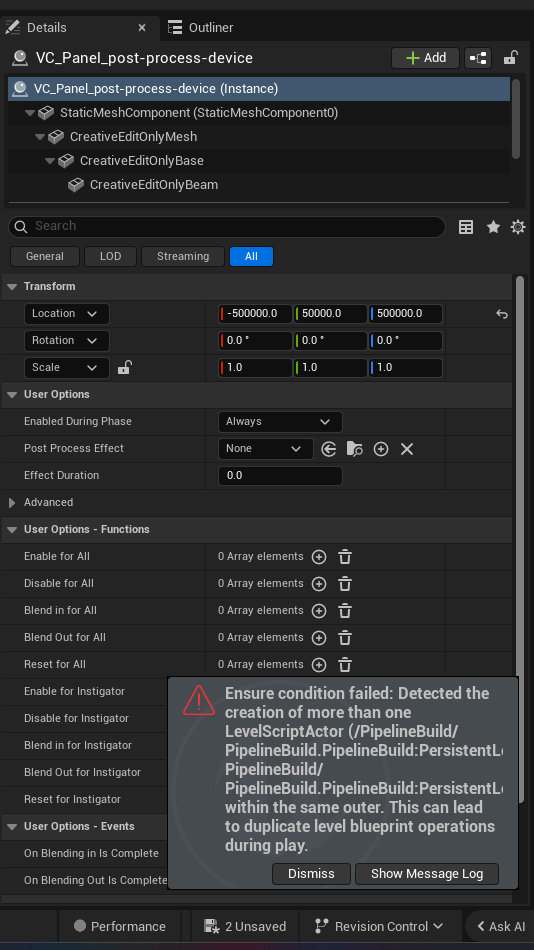 Post Process Device settings and options panel in the UEFN editor — Enabled During Phase, Post Process Effect, Effect Duration