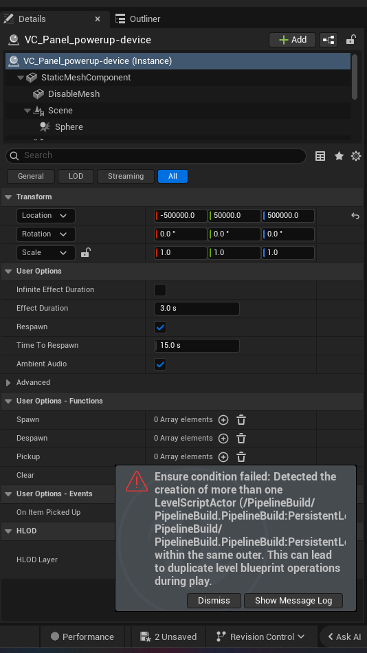 Powerup Device settings and options panel in the UEFN editor — Infinite Effect Duration, Effect Duration, Respawn, Time To Respawn, Ambient Audio
