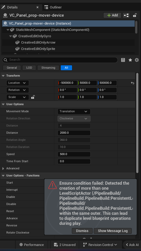 Prop Mover Device settings and options panel in the UEFN editor — Movement Mode, Rotation Direction, Distance, Rotation Angle, Rotation Duration, Speed, Time From Start
