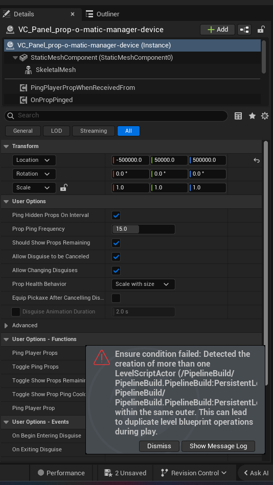 Prop O Matic Manager Device settings and options panel in the UEFN editor — Ping Hidden Props On Interval, Prop Ping Frequency, Should Show Props Remaining, Allow Disguise to be Canceled, Allow Changing Disguises, Prop Health Behavior, Equip Pickaxe After Cancelling Dis., Disguise Animation Duration