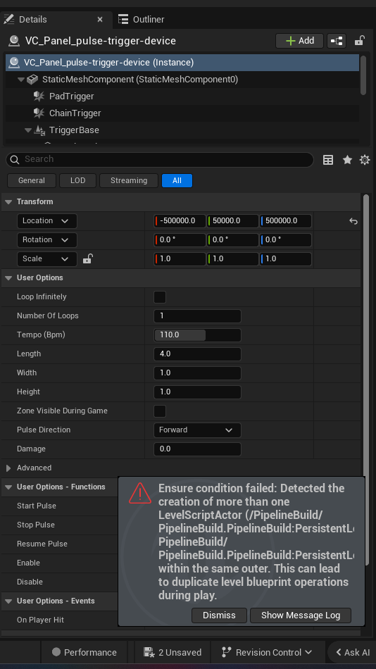 Pulse Trigger Device settings and options panel in the UEFN editor — Loop Infinitely, Number Of Loops, Tempo Bpm, Length, Width, Height, Zone Visible During Game, Pulse Direction, Damage