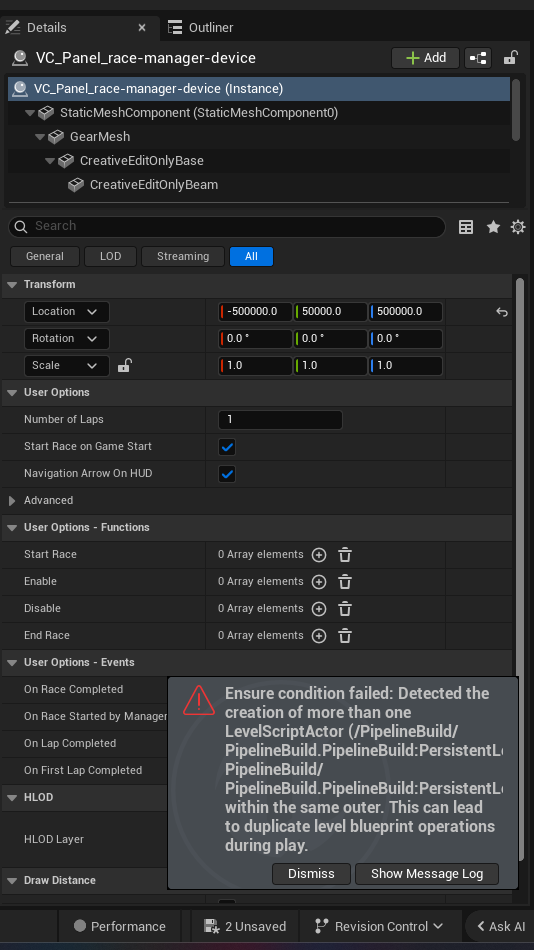 Race Manager Device settings and options panel in the UEFN editor — Number of Laps, Start Race on Game Start