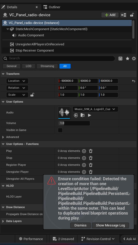 Radio Device settings and options panel in the UEFN editor — Audio, Volume, Visible in Game