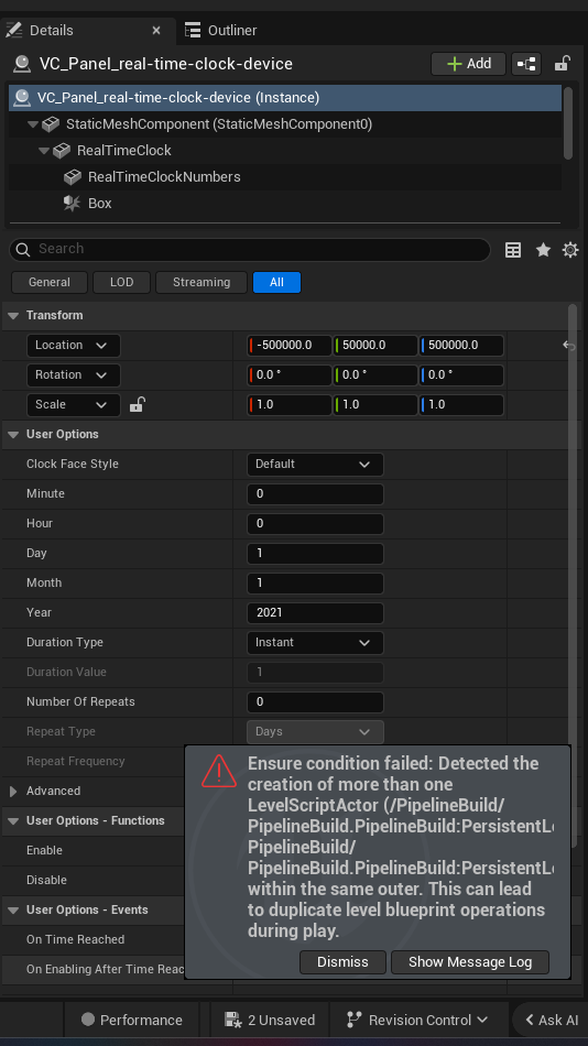 Real Time Clock Device settings and options panel in the UEFN editor — Clock Face Style, Minute, Hour, Day, Month, Year, Duration Type, Duration Value, Number Of Repeats, Repeat Type, Repeat Frequency