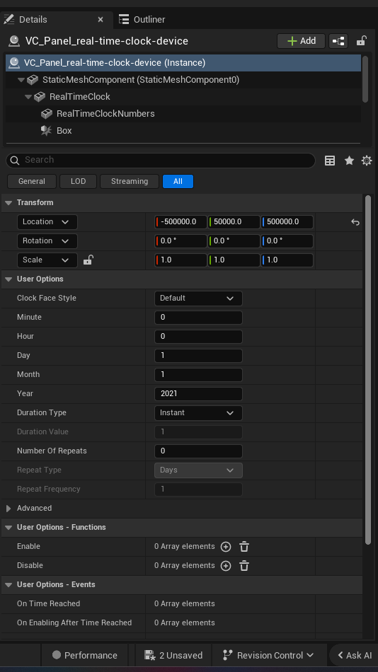 Real Time Clock Device settings and options panel in the UEFN editor — Clock Face Style, Minute, Hour, Day, Month, Year, Duration Type, Duration Value, Number Of Repeats, Repeat Type, Repeat Frequency