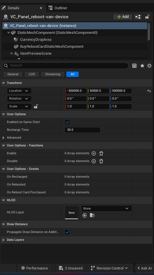 Reboot Van Device settings and options panel in the UEFN editor — Enabled on Game Start, Recharge Time