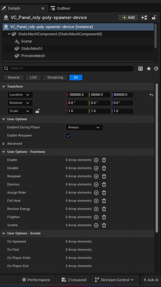 Roly Poly Spawner Device settings and options panel in the UEFN editor — Enabled During Phase, Enable Respawn