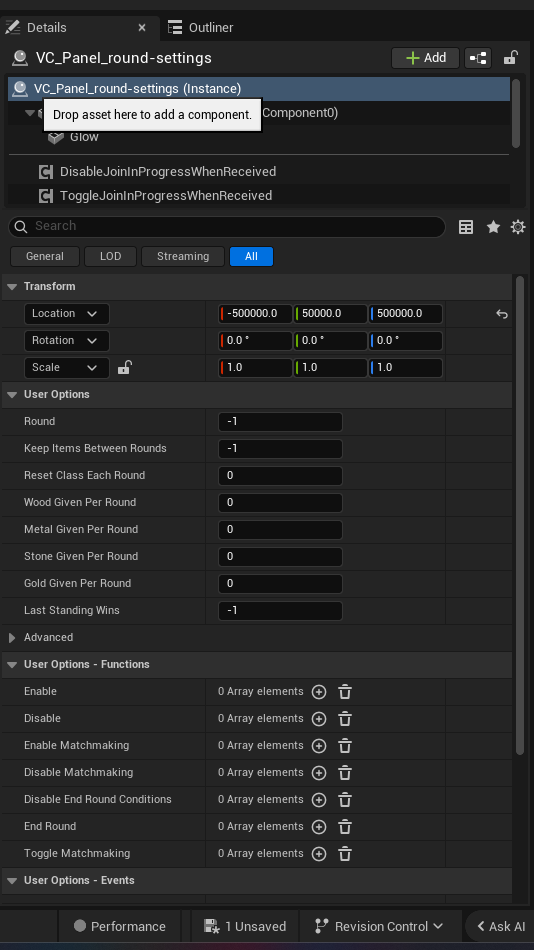Round Settings Device settings and options panel in the UEFN editor — Round, Keep Items Between Rounds, Reset Class Each Round, Wood Given Per Round, Metal Given Per Round, Stone Given Per Round, Gold Given Per Round, Last Standing Wins